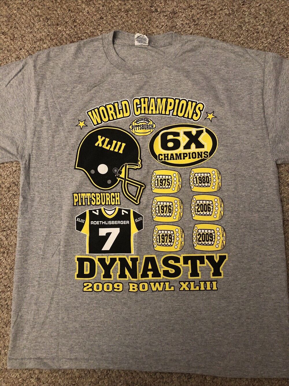 Pittsburgh Steelers 6X World Champions T Shirt Size Large Gray Delta Tag